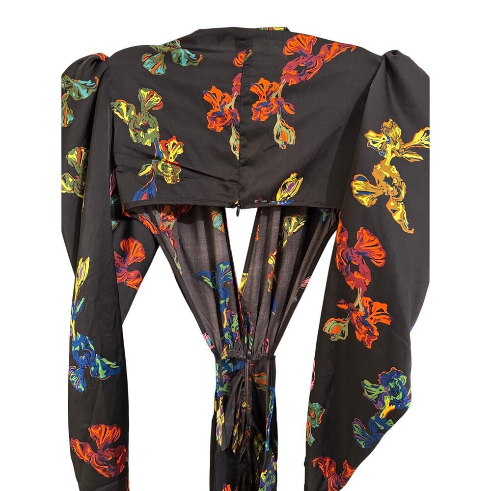 Nasty Gal Black Floral Cutout Midi Dress Size 4 Long Sleeve Ruched Slit - Picture 6 of 8